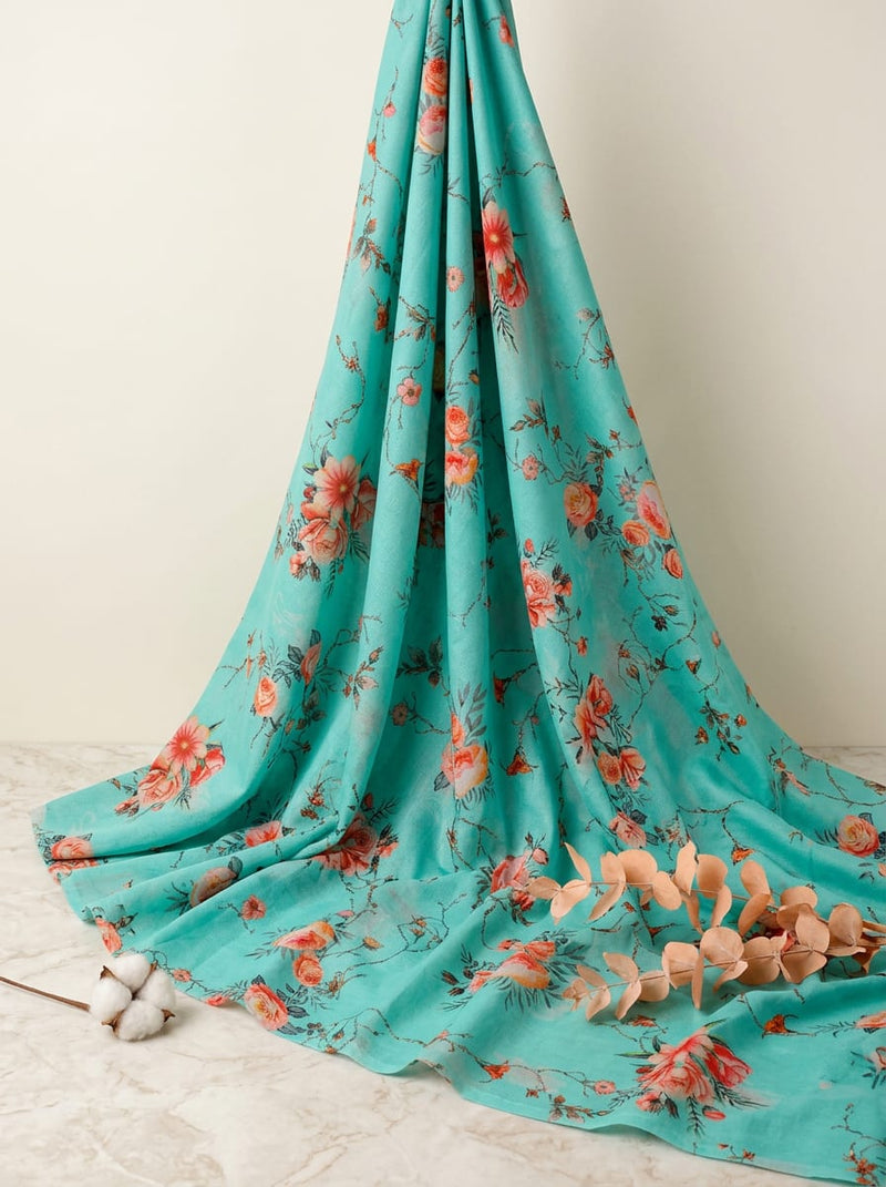 Teal and Pink Painterly Rose Floral Pure Cotton Digital Printed Fabric