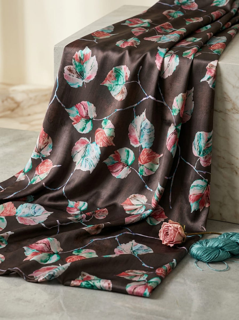 Multicolor Watercolour Botanical Leaves Japan Satin Digital Printed Fabric