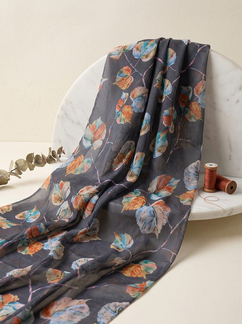 Grey Watercolour Botanical Leaves Weightless Digital Printed Fabric
