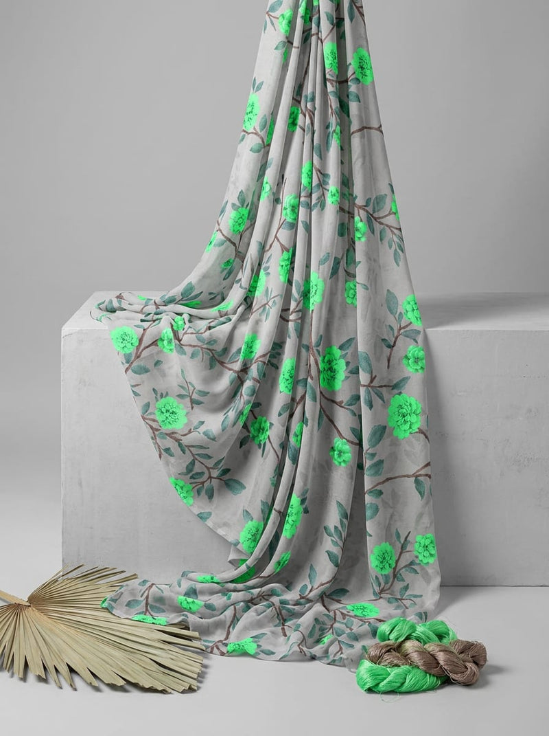 Grey Green Floral Branch Weightless Digital Printed Fabric