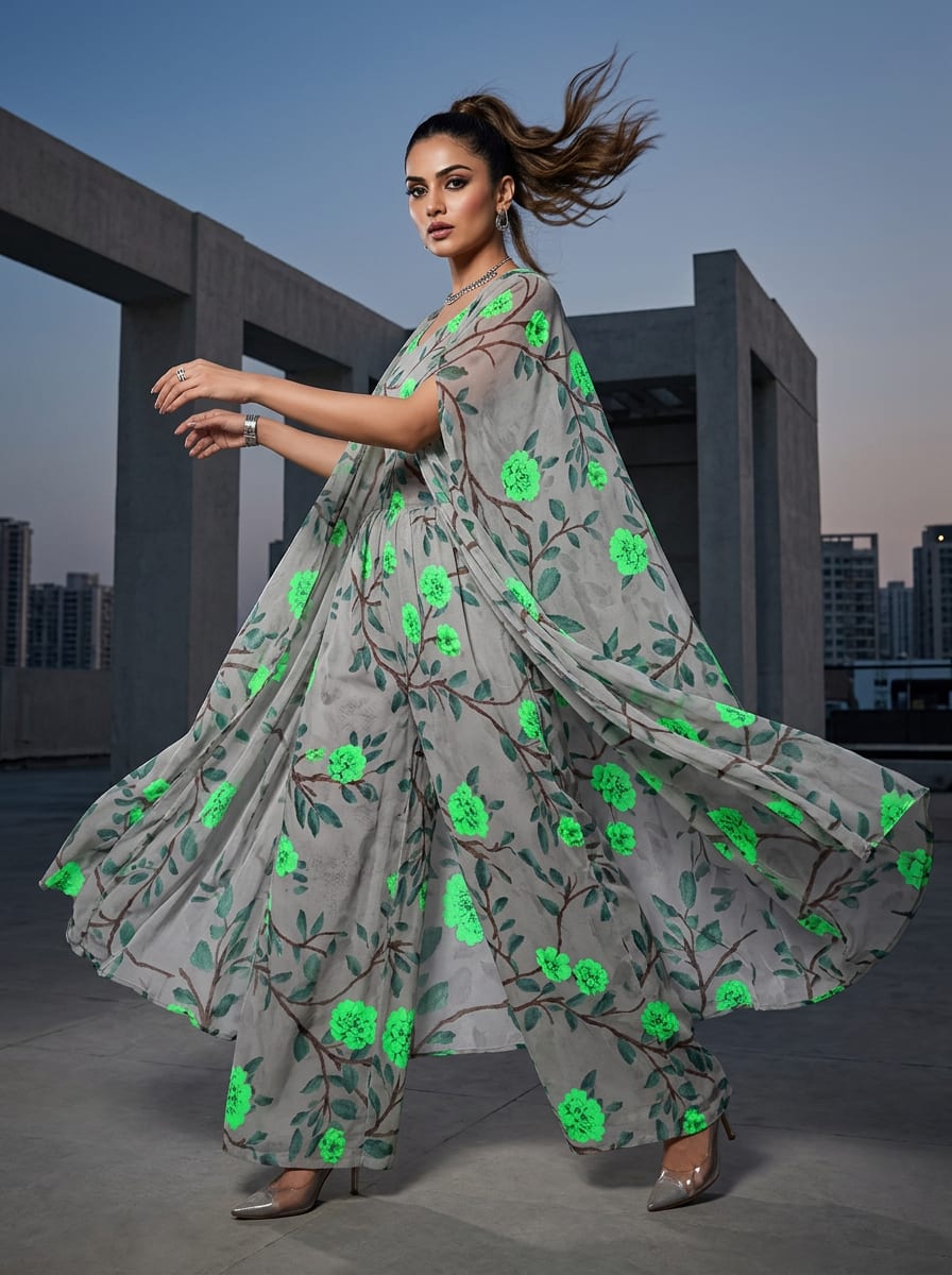 Grey Green Floral Branch Weightless Digital Printed Fabric