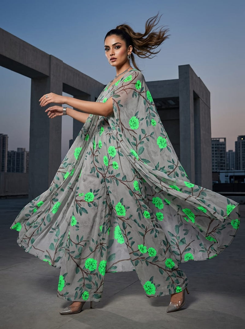 Grey Green Floral Branch Weightless Digital Printed Fabric