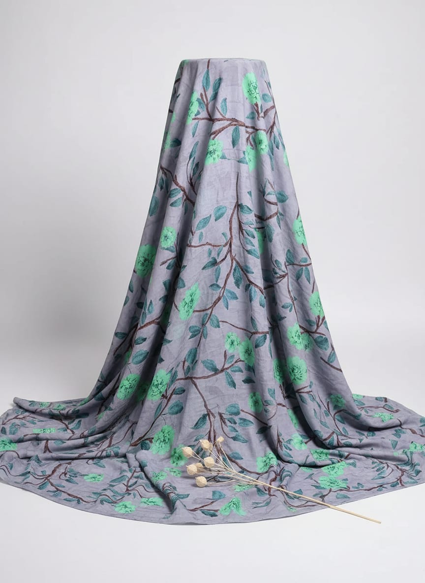 Grey Watercolour Floral Branch Print Muslin Digital Printed Fabric