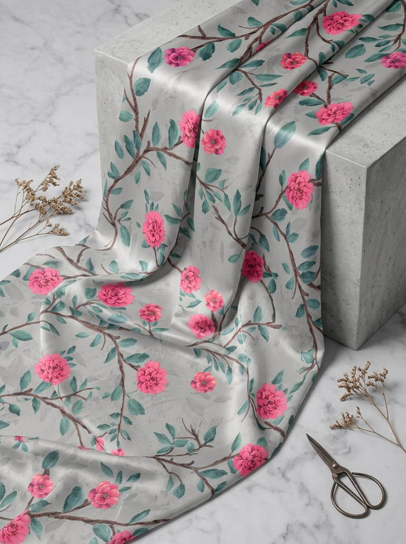 Grey and Pink Botanical Floral Vine Japan Satin Digital Printed Fabric