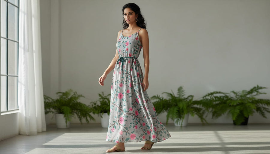 Pink Flower And Branch Digital Printed Fabric - Kora Silk