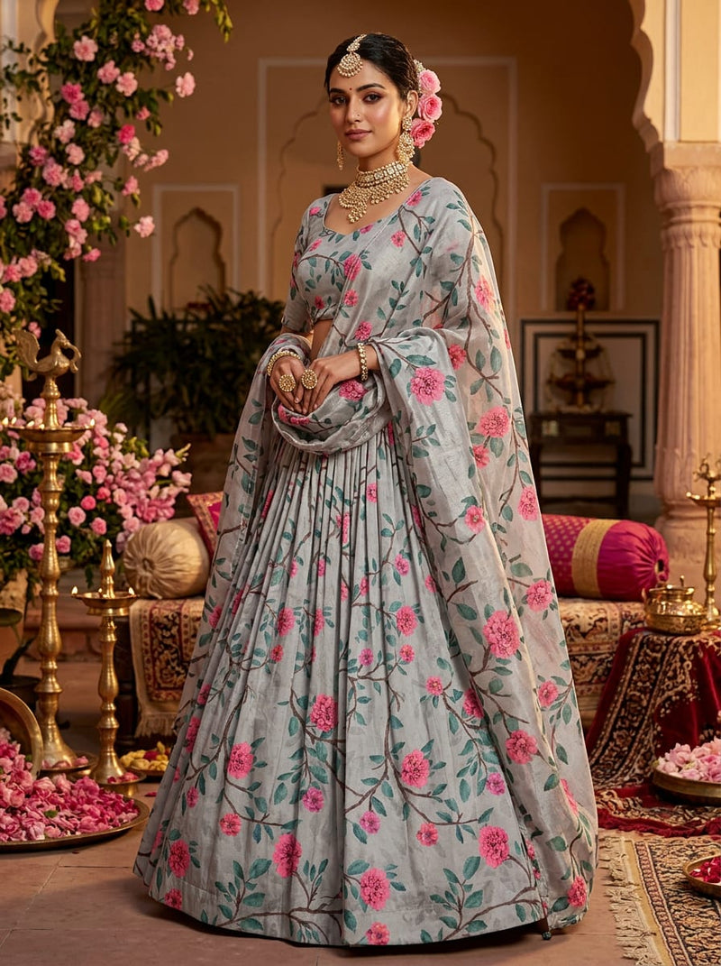 Grey Painterly Pink Floral Kora Silk Digital Printed Fabric