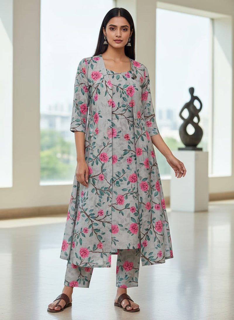 Pink Flower And Branch Digital Printed Fabric - Kora Silk