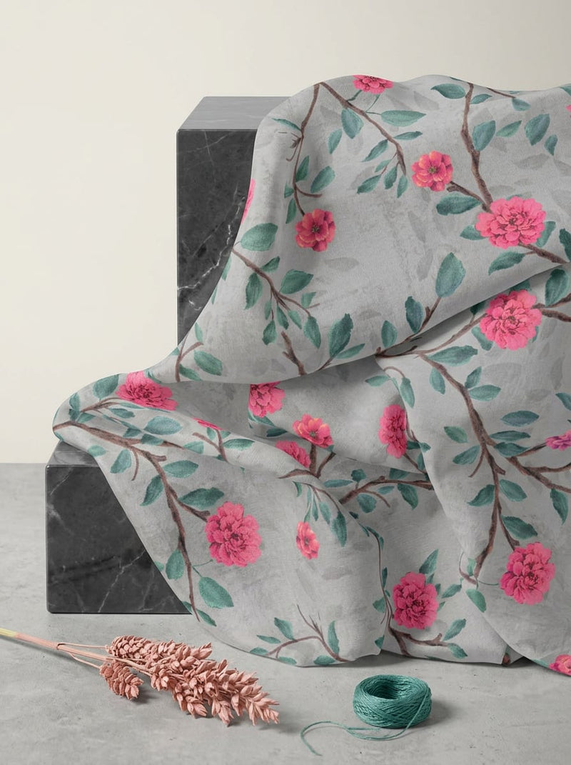 Grey Painterly Pink Floral Kora Silk Digital Printed Fabric