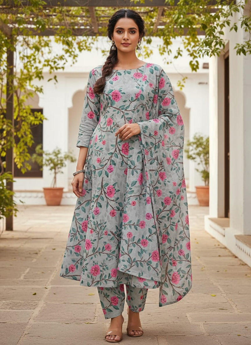 Pink Flower And Branch Digital Printed Fabric - Kora Silk