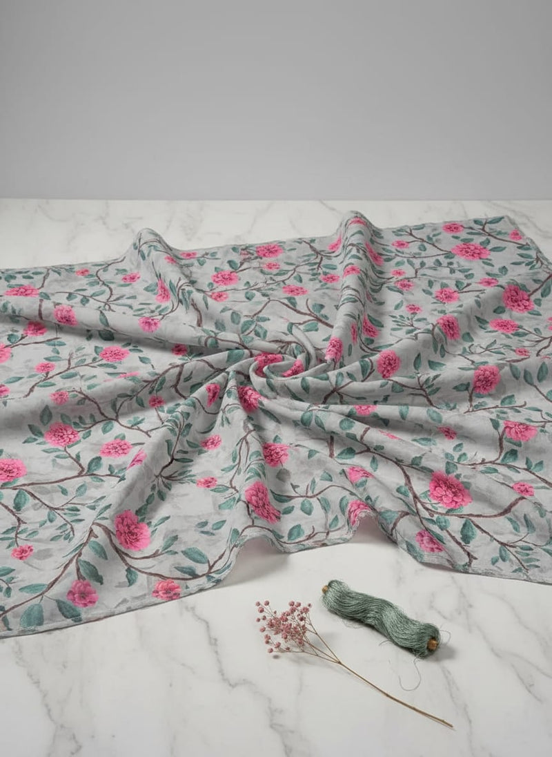Pink Flower And Branch Digital Printed Fabric - Pure Cotton