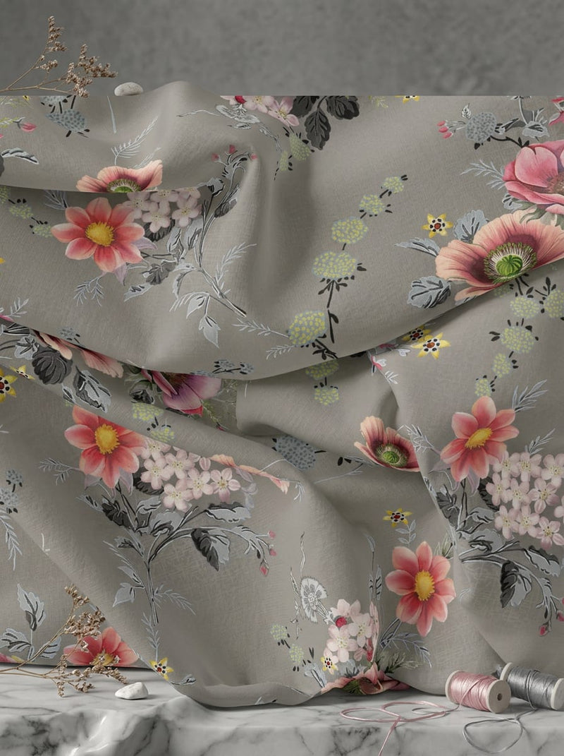 Grey Vintage Botanical Floral Weightless Digital Printed Fabric