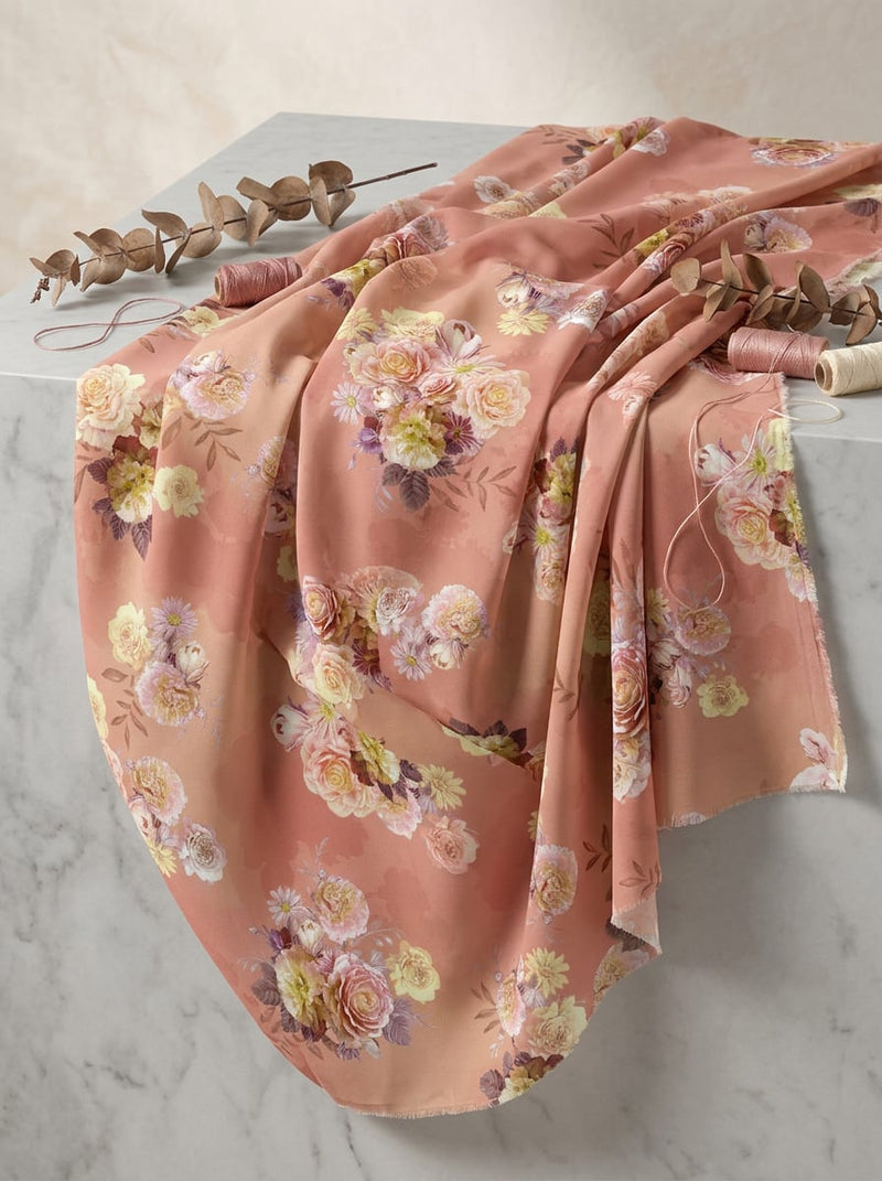 Peach Vintage Rose Bouquet Floral Weightless Digital Printed Fabric