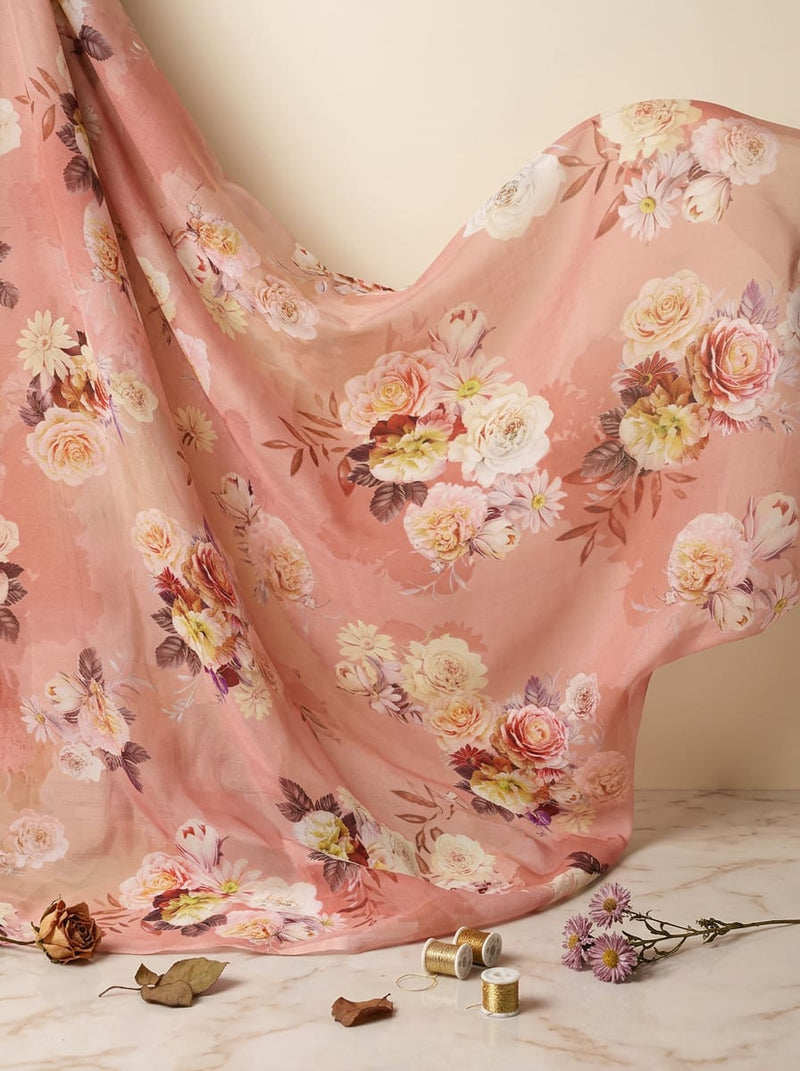 Peach Painterly Rose Floral Muslin Digital Printed Fabric