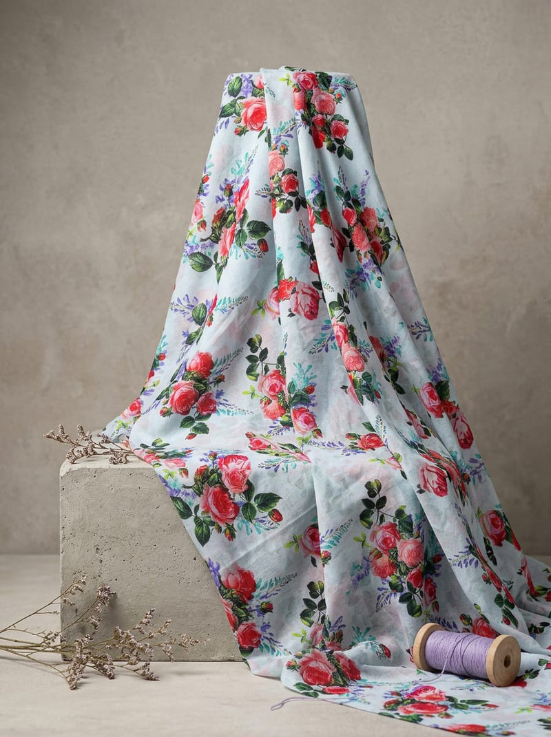 Multicolor Vintage Rose Bouquet Pure Cotton Digital Printed Fabric