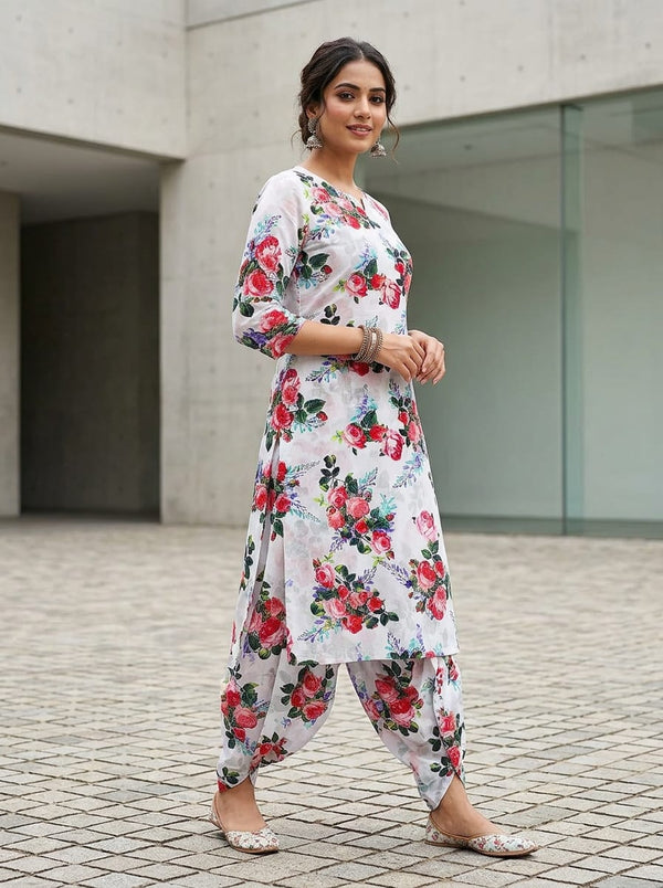 Multicolor Vintage Rose Bouquet Pure Cotton Digital Printed Fabric - Dhoti Pants with Kurta Lookbook - PCO-0-TA06676-108 - alternate view