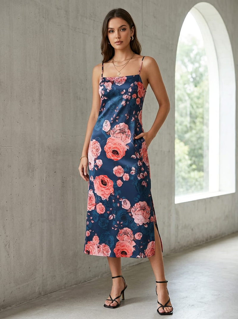 Teal Classic Rose Floral Japan Satin Digital Printed Fabric