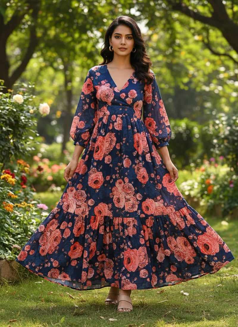 Redish Floral Repeat Digital Printed Fabric - Muslin