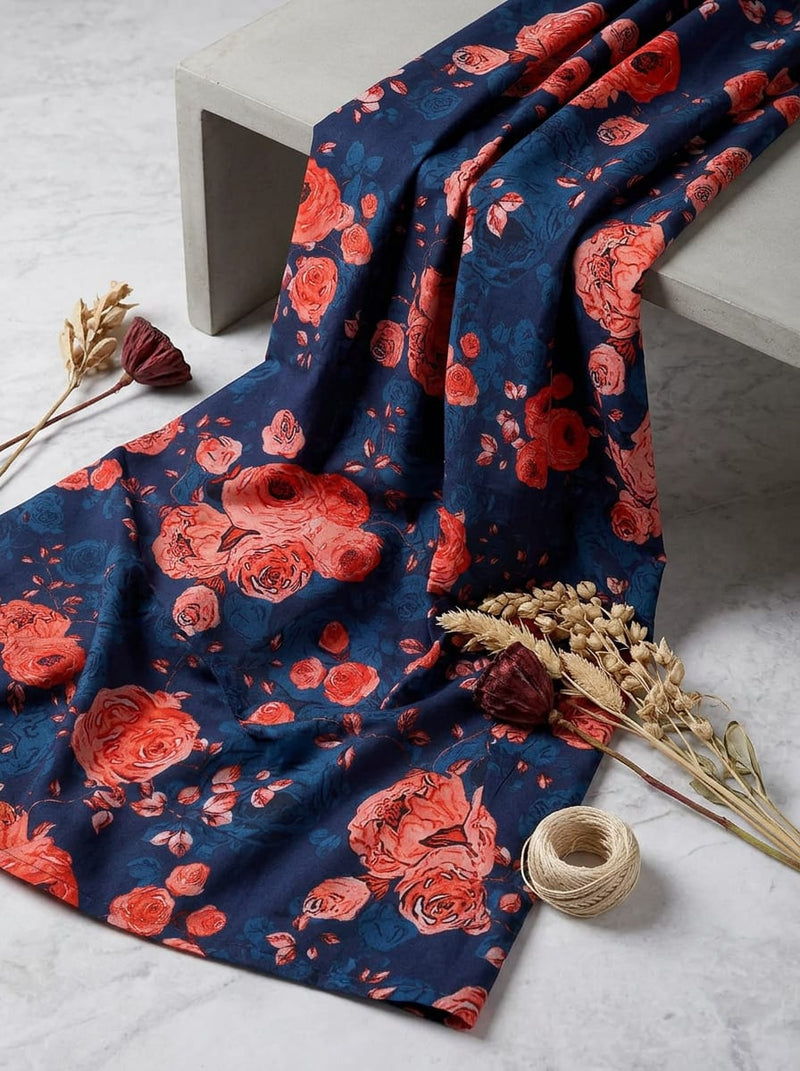 Navy Vintage Red Rose Floral Pure Cotton Digital Printed Fabric
