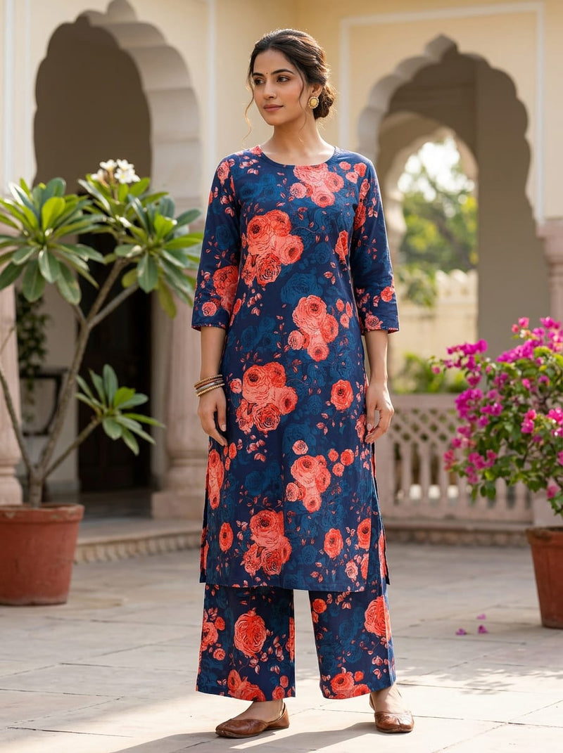 Navy Vintage Red Rose Floral Pure Cotton Digital Printed Fabric