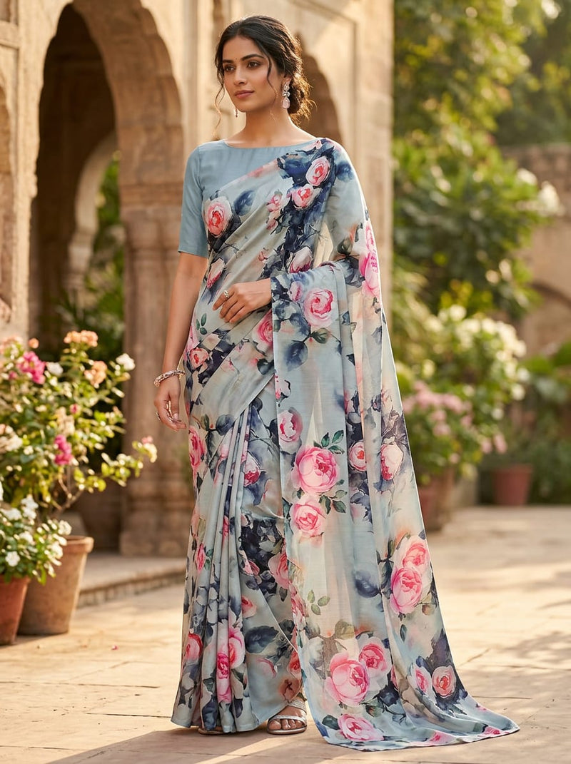 Multicolor Vintage Watercolour Rose Floral Kora Silk Digital Printed Fabric