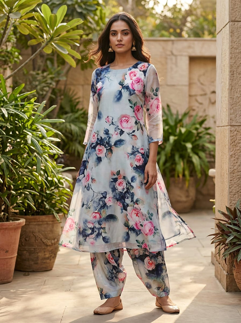 Multicolor Vintage Watercolour Rose Floral Kora Silk Digital Printed Fabric
