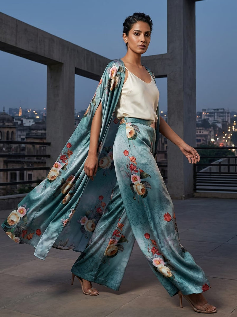 Teal Vintage Rose Floral Japan Satin Digital Printed Fabric