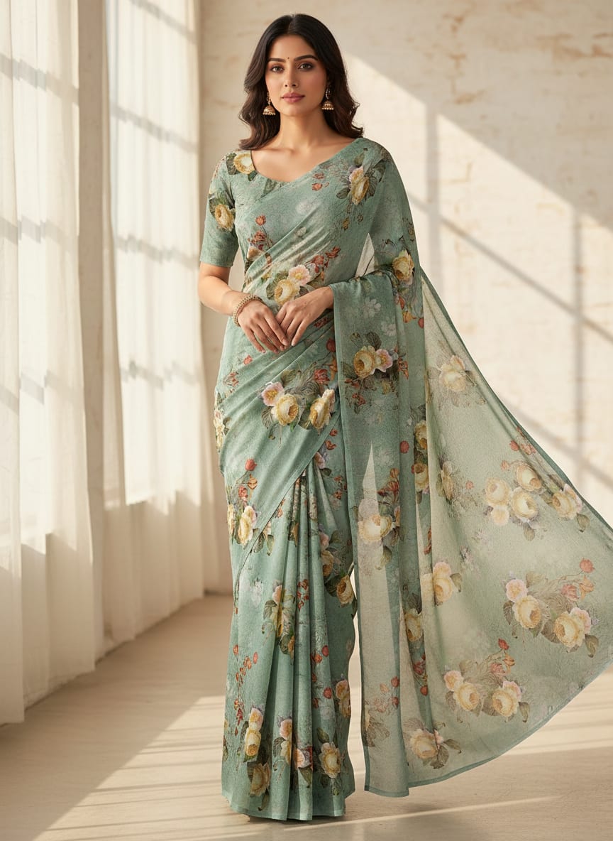 Green Painterly Yellow Rose Floral Kora Silk Digital Printed Fabric