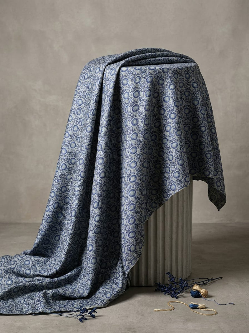 Blue Ethnic Damask Pattern Tusser Silk Digital Printed Fabric