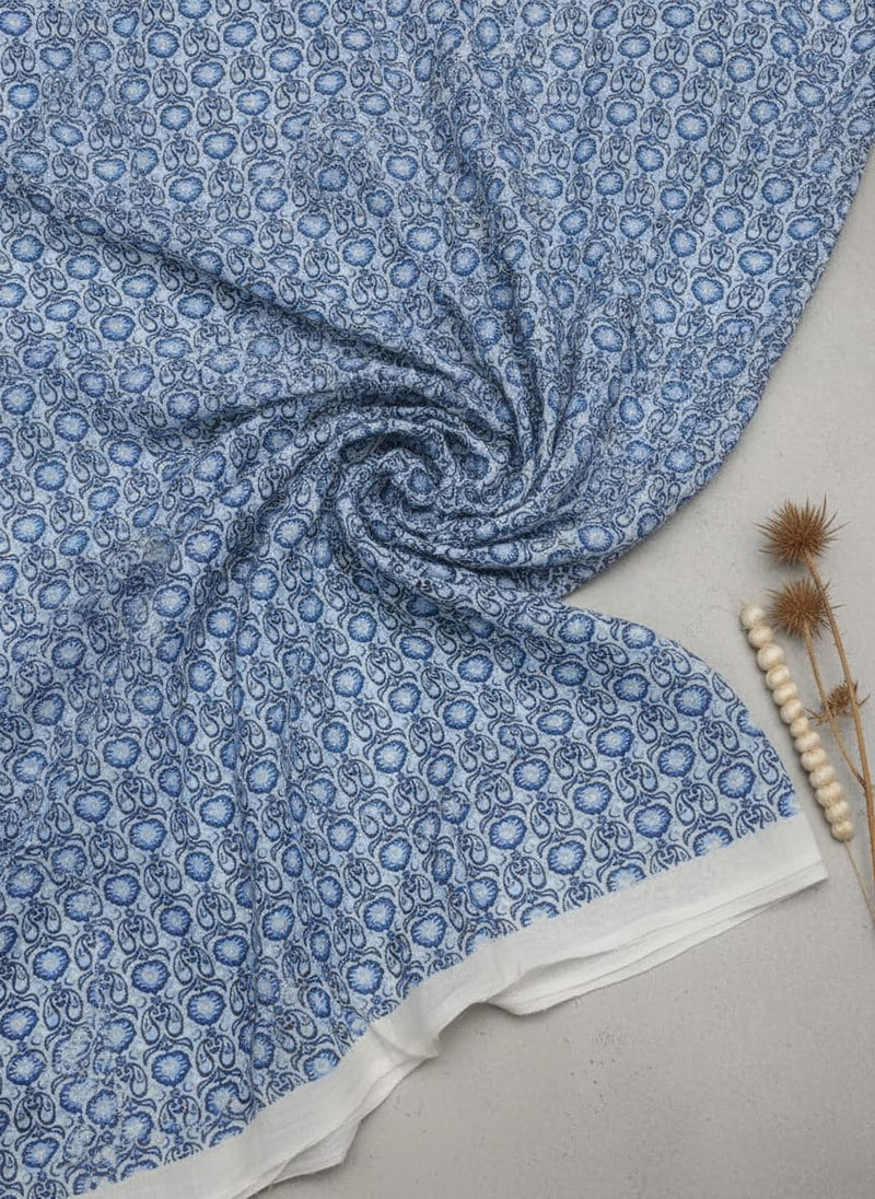 Tiny Blue Motif Allover Digital Printed Fabric - Muslin