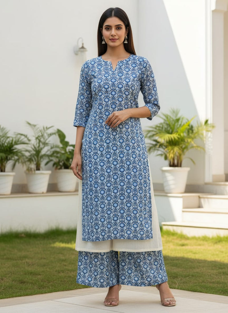 Blue Ethnic Floral Damask Pattern Muslin Digital Printed Fabric