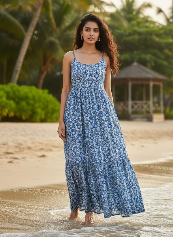 Blue Ethnic Floral Damask Pattern Muslin Digital Printed Fabric - Flowy Maxi Dress Lookbook - MU-0-MA0405-110 - alternate view
