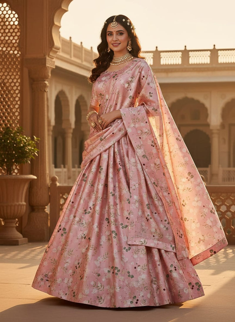 Disty Print On Peach Digital Printed Fabric - Japan Satin