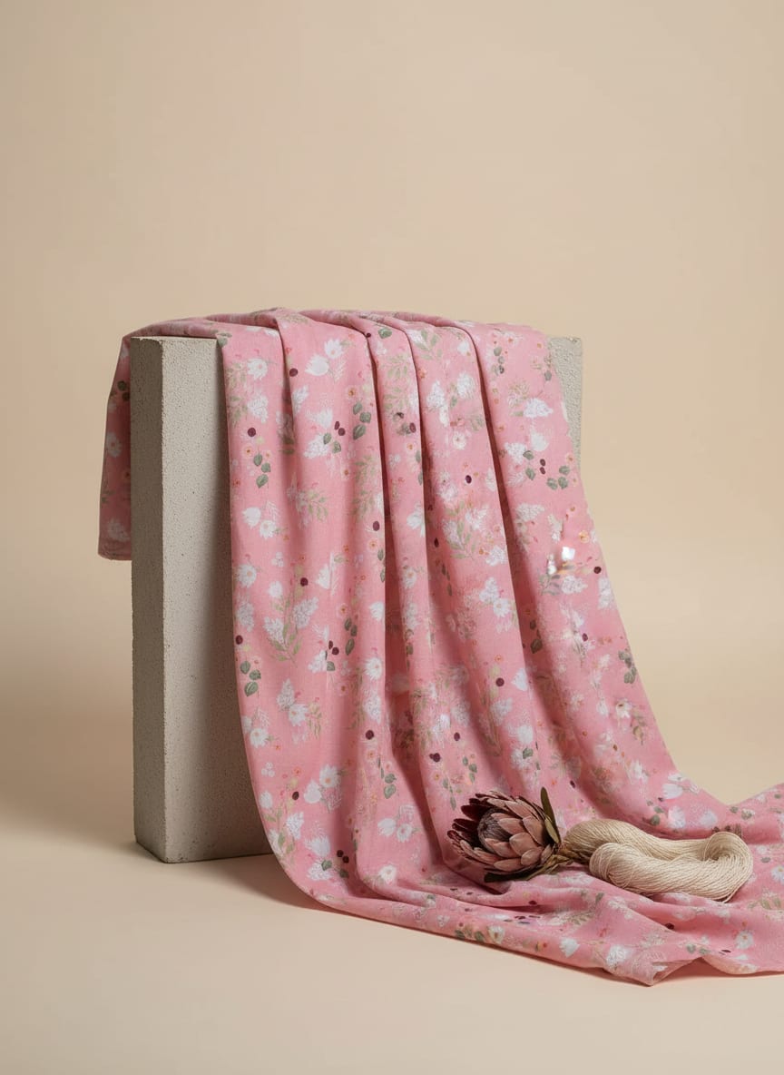 Disty Print On Peach Digital Printed Fabric - Pure Cotton