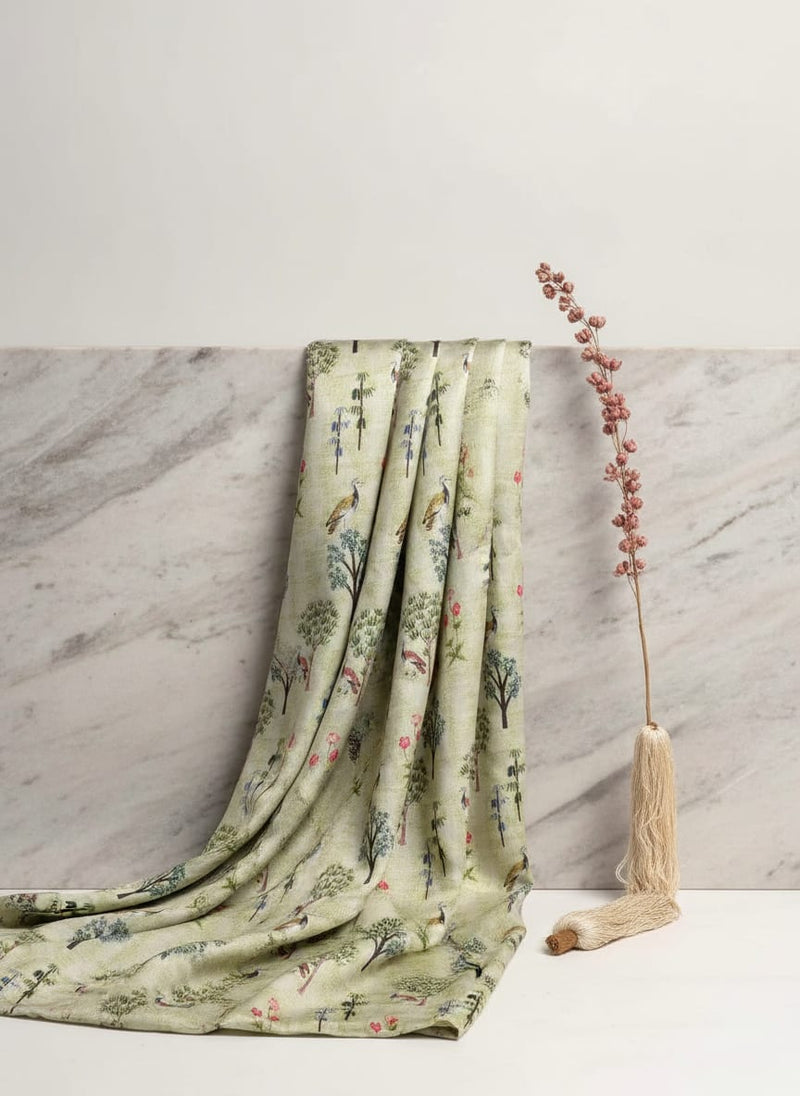 Pista Chinoiserie With Birds Digital Printed Fabric - Japan Satin