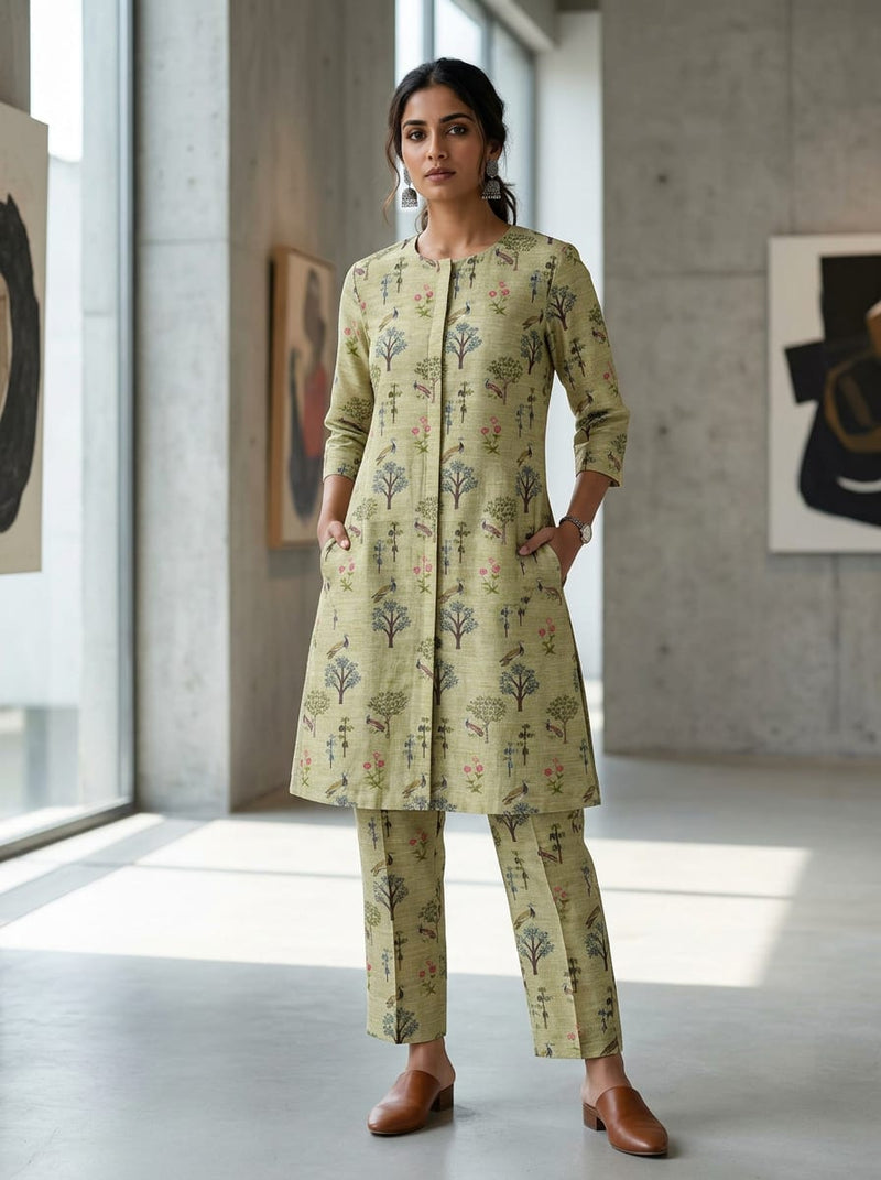 Green Ethnic Peacock and Tree Garden Kora Silk Digital Printed Fabric
