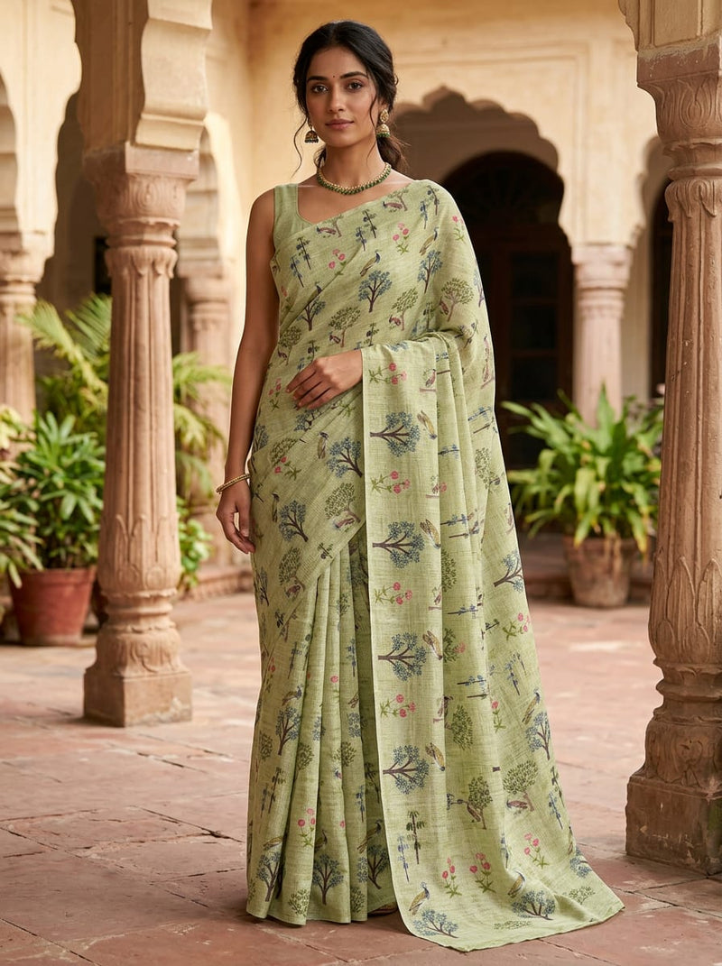 Green Ethnic Peacock and Tree Garden Kora Silk Digital Printed Fabric