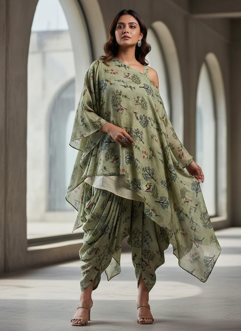 Pista Chinoiserie With Birds Digital Printed Fabric - Pure Muslin