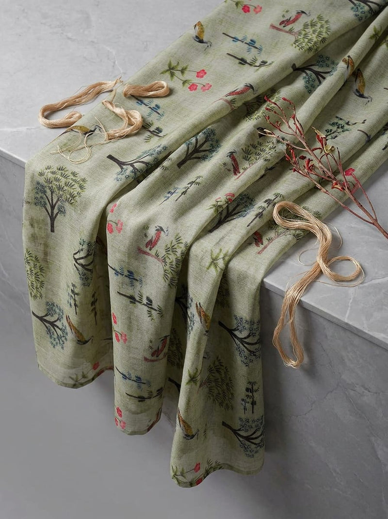 Olive Scenic Forest with Birds and Flowers Pure Muslin Digital Printed Fabric