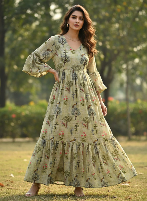 Pista Chinoiserie With Birds Digital Printed Fabric - Pure Georgette - alternate view