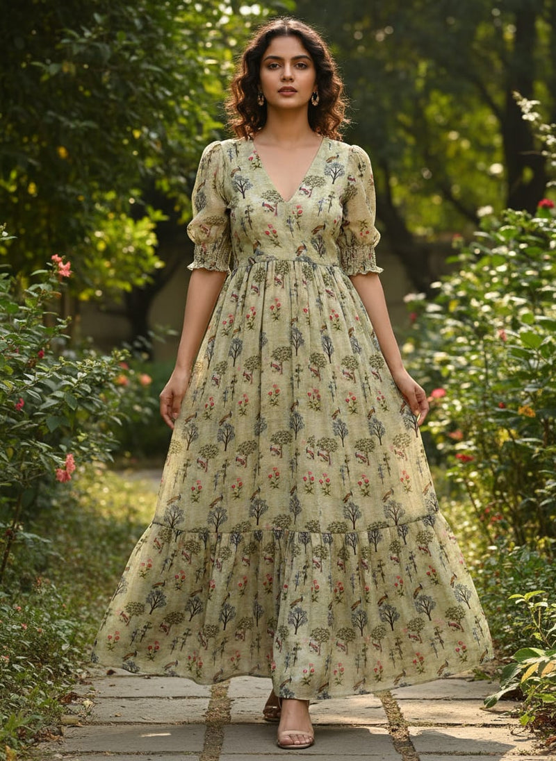 Pista Chinoiserie With Birds Digital Printed Fabric - Pure Georgette
