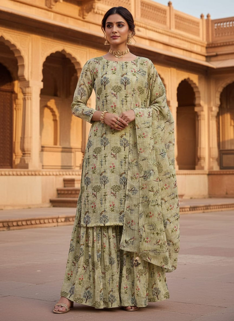 Pista Chinoiserie With Birds Digital Printed Fabric - Pure Georgette