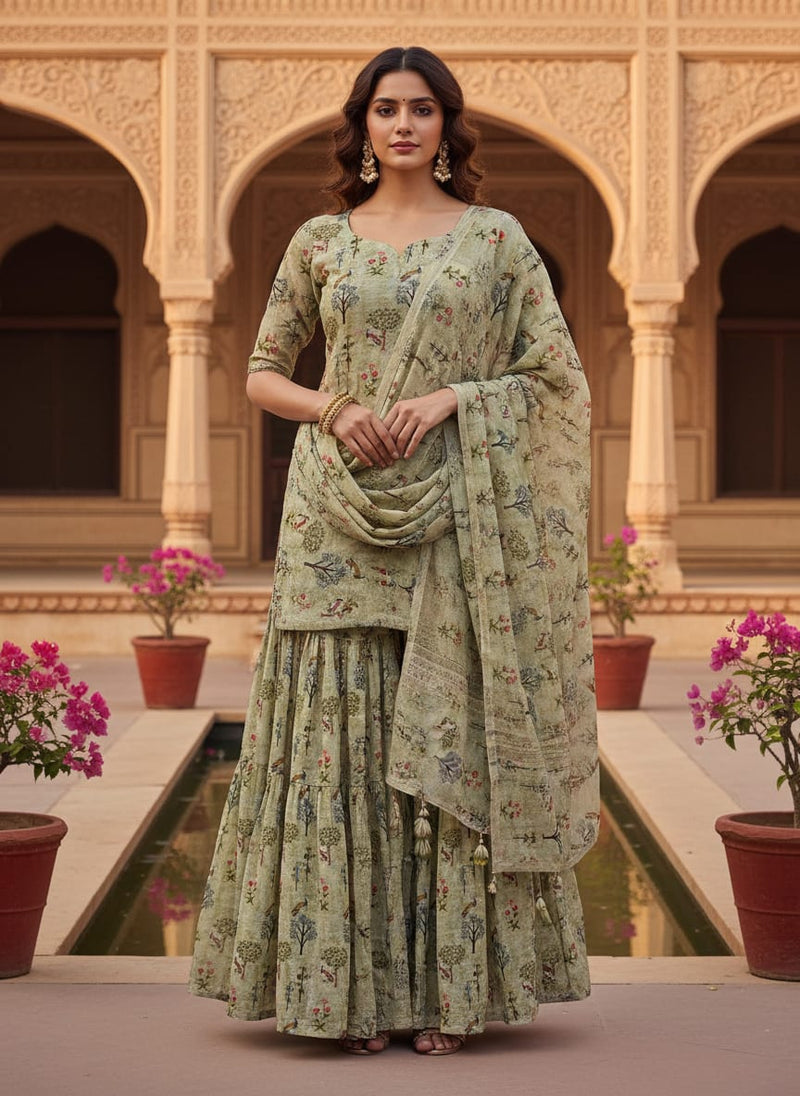 Pista Chinoiserie With Birds Digital Printed Fabric - Pure Georgette