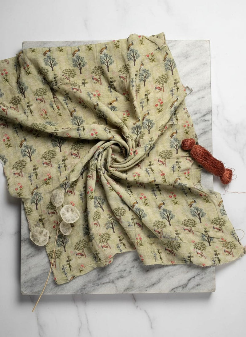 Cream Botanical Forest with Peacocks Pure Georgette Digital Printed Fabric