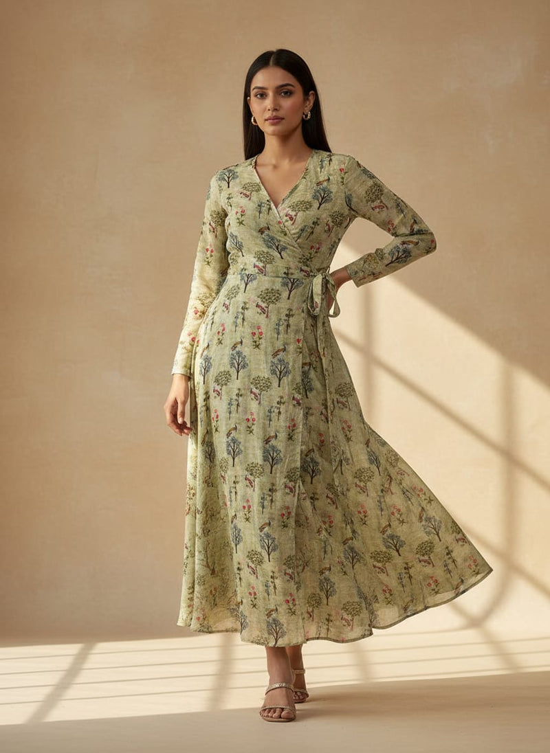 Pista Chinoiserie With Birds Digital Printed Fabric - Pure Georgette