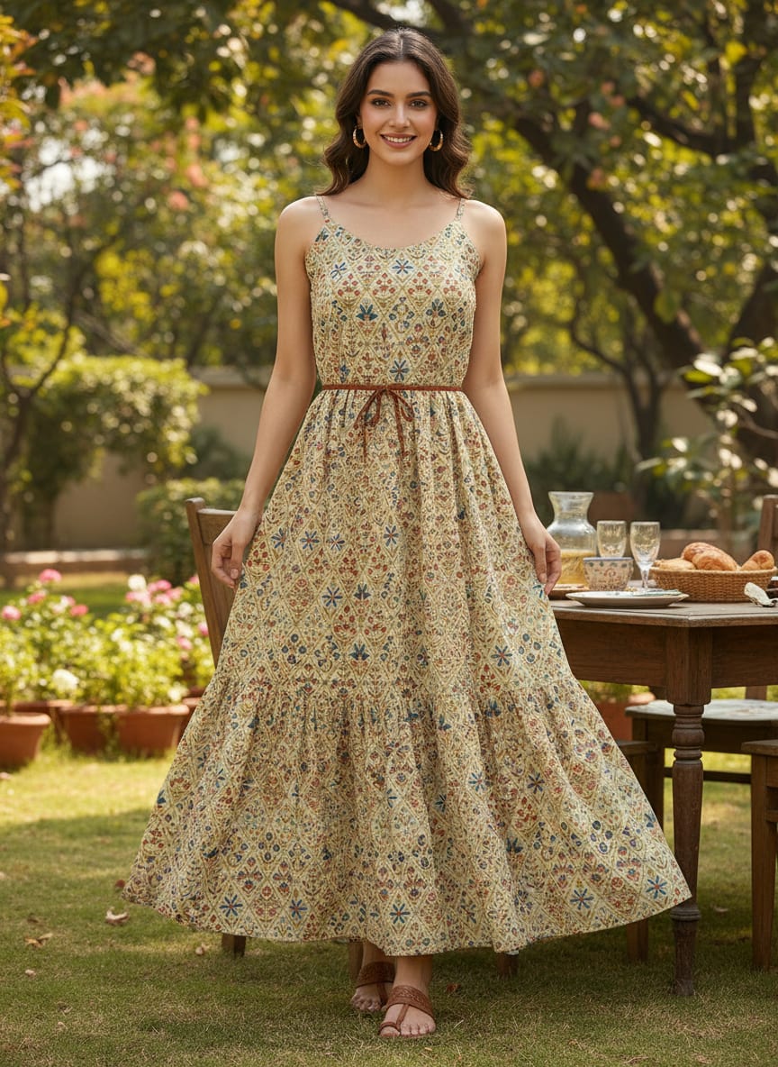 Cream Ethnic Diamond Floral Jaal Pure Chinon Digital Printed Fabric