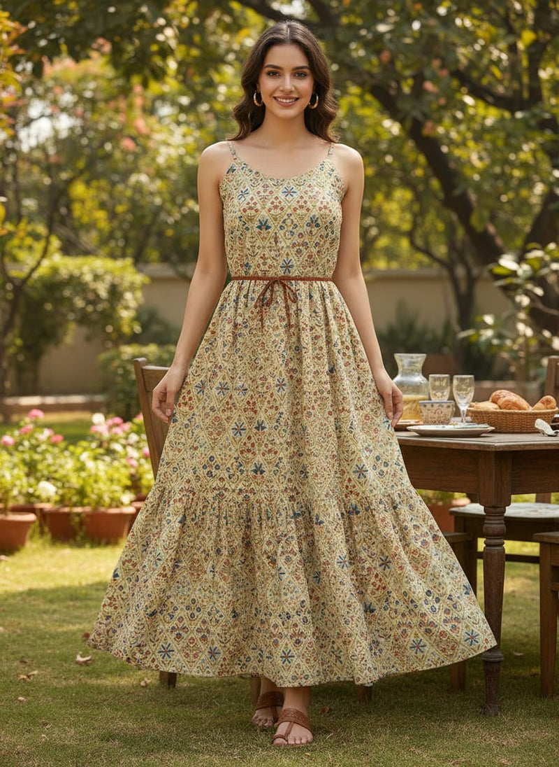 Cream Ethnic Diamond Floral Jaal Pure Chinon Digital Printed Fabric
