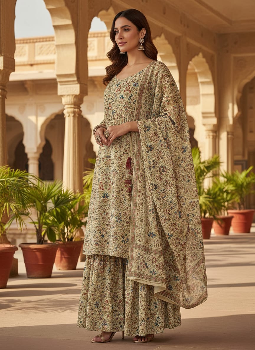 Cream Ethnic Diamond Floral Jaal Pure Chinon Digital Printed Fabric