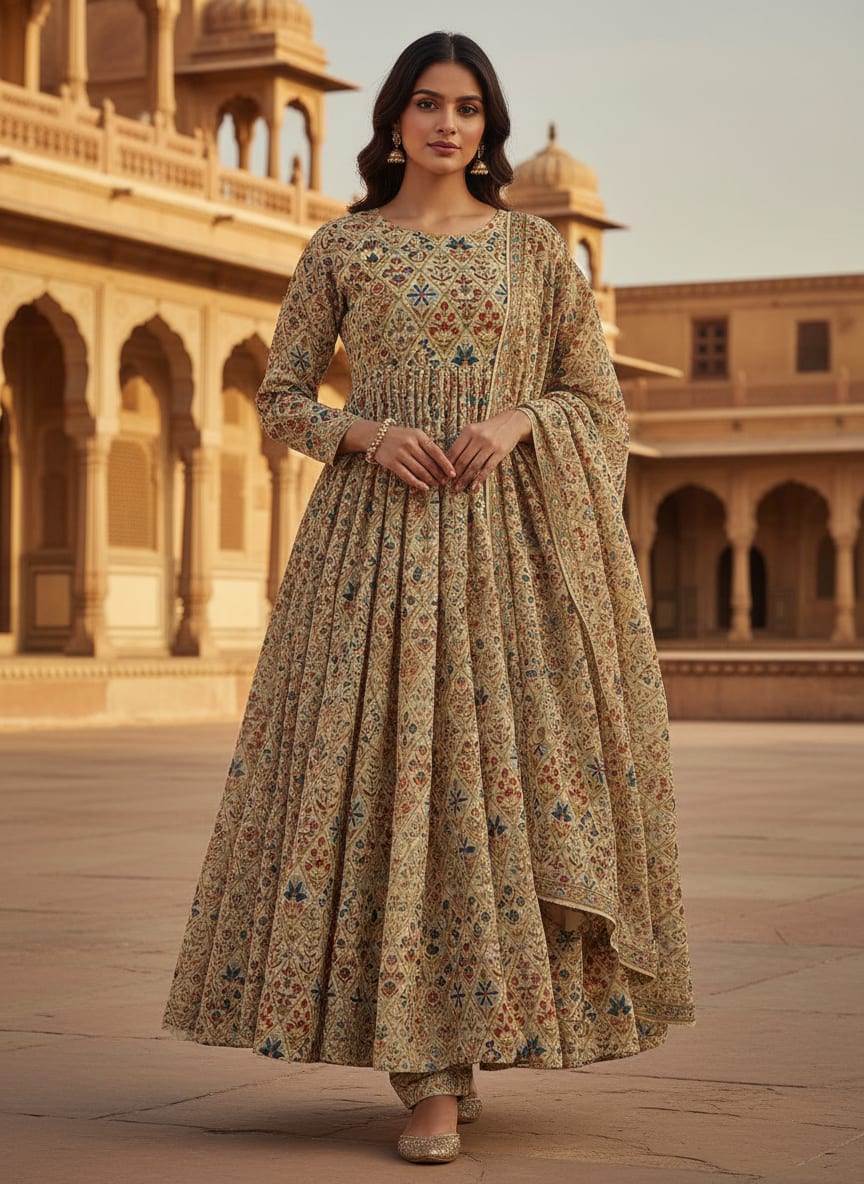 Cream Ethnic Diamond Floral Jaal Pure Chinon Digital Printed Fabric