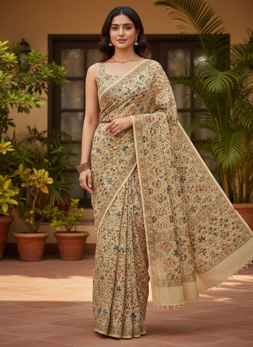 Cream Ethnic Diamond Floral Jaal Pure Chinon Digital Printed Fabric