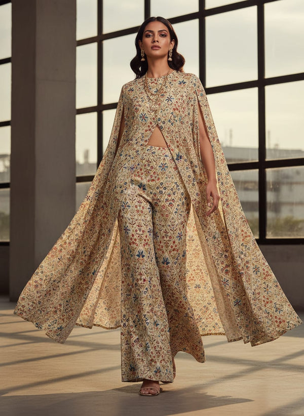Cream Ethnic Diamond Floral Jaal Pure Chinon Digital Printed Fabric - Cape with Palazzo Lookbook - PC-0-MA04564-106 - alternate view